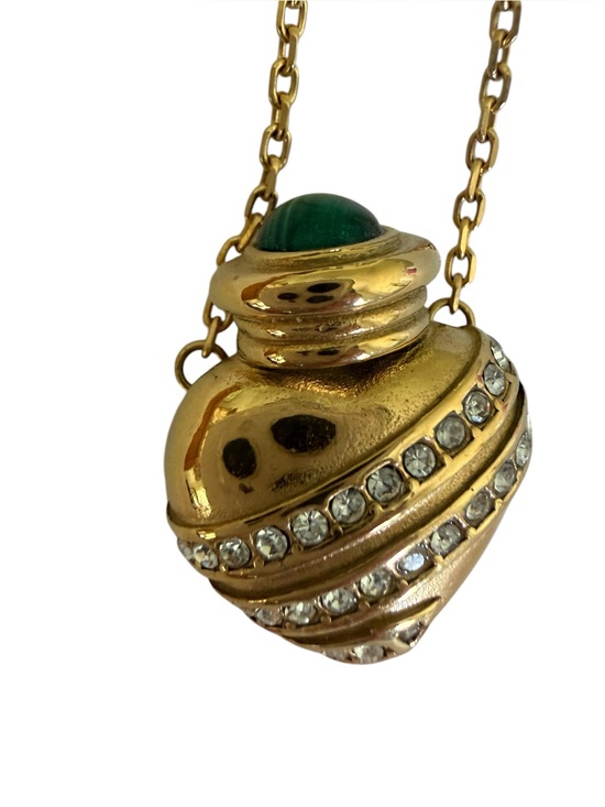 Jewelry - Gold Tone Pendant Necklace with Green Cabochon and Rhinestones